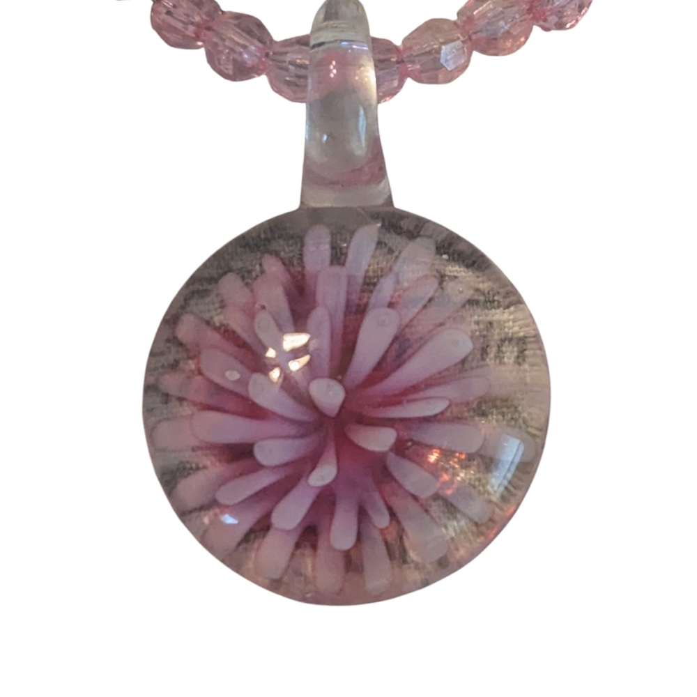 Vintage Retro Pink Hand Blown Glass Flower Pendant On 4 Cord Beaded Necklace